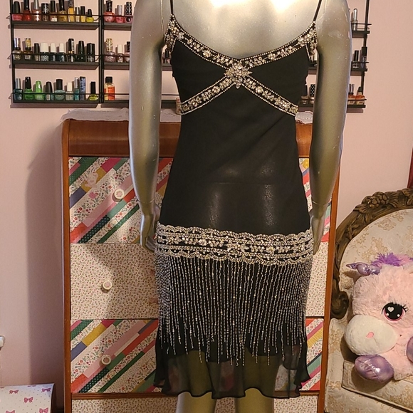 Basix II vintage silver beaded jewel dress flapper 100% silk vtg black 1920s - Picture 9 of 15